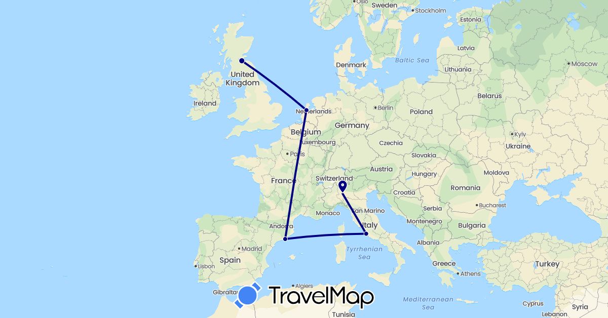 TravelMap itinerary: driving in Spain, United Kingdom, Italy, Netherlands (Europe)